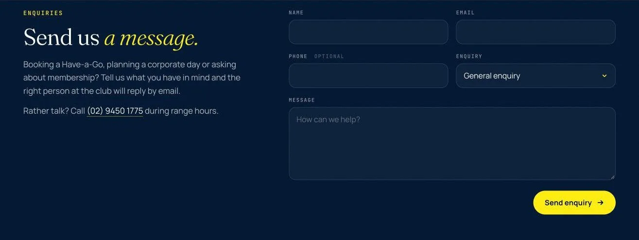 The new enquiry form: Send us a message, with an enquiry type picker.