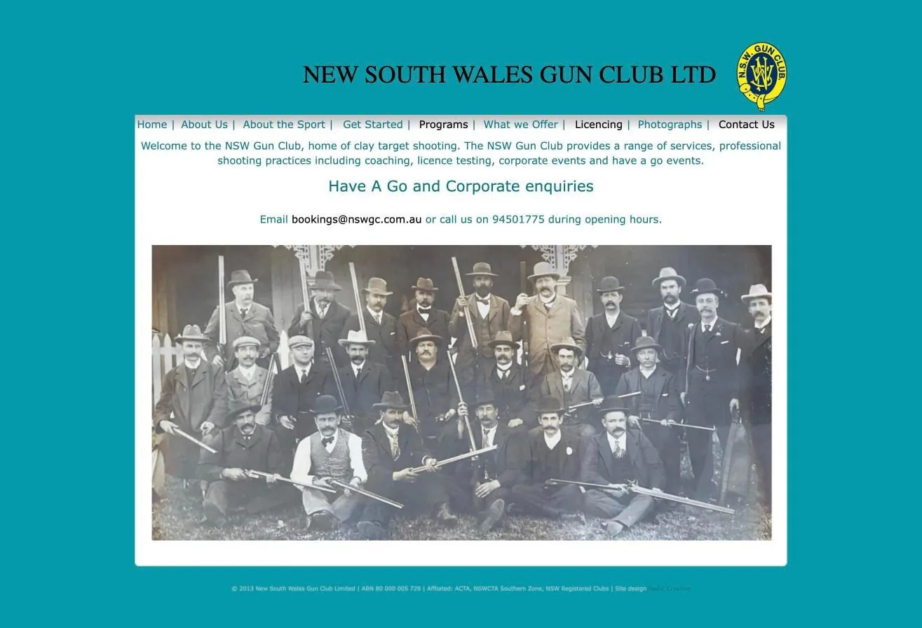 The previous homepage: a welcome paragraph, an archive photo of members and an email address for bookings.